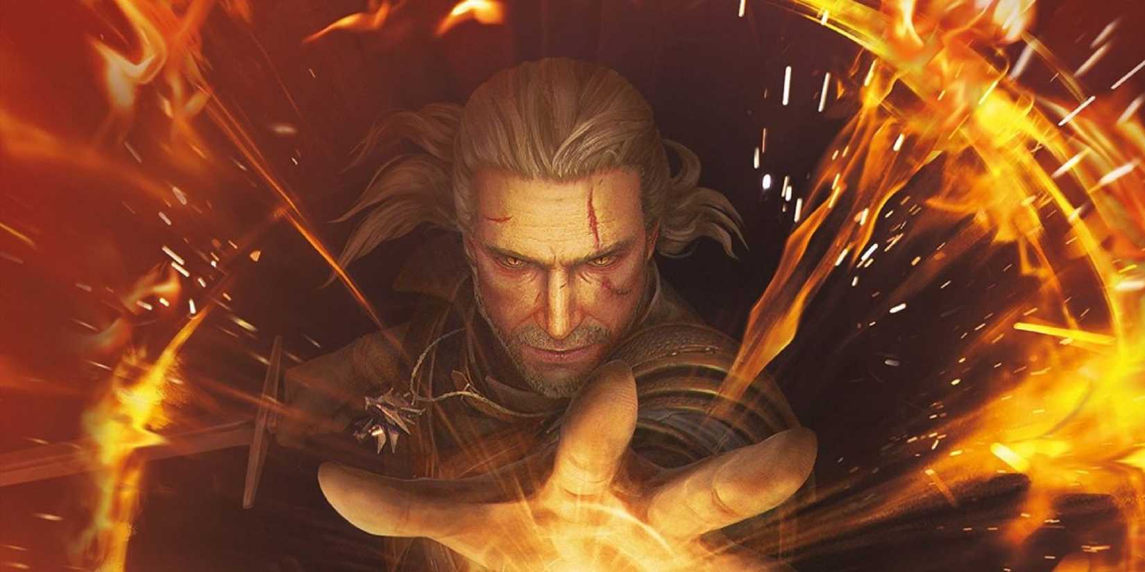 Geralt of Rivia casting a fiery spell in Gwent: The Witcher Card Game