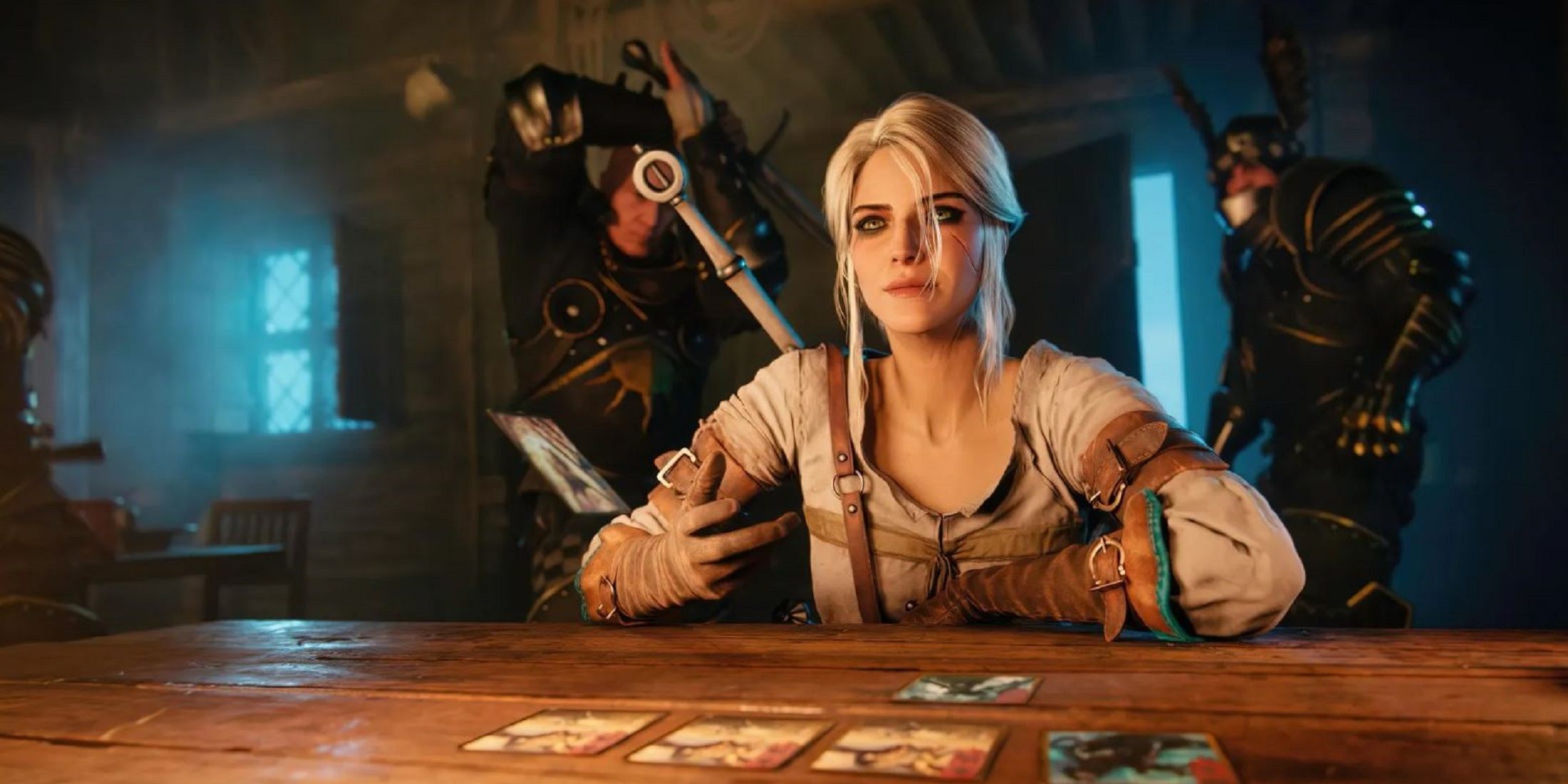 Ciri from Gwent: The Witcher Card Game sitting at a table with Gwent cards in front of her