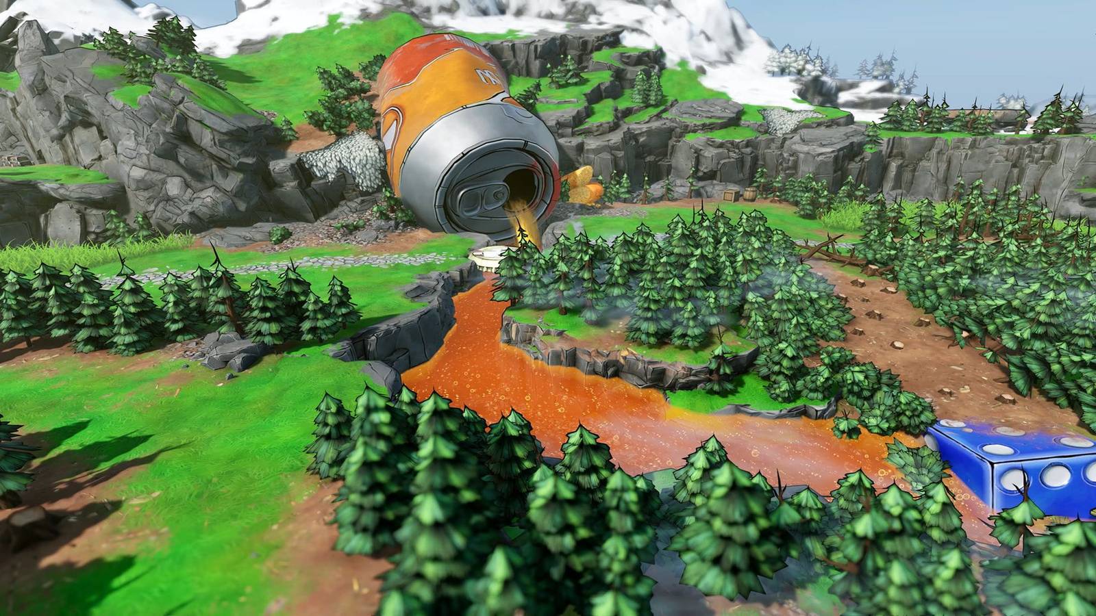 Tiny Tina's Wonderlands landscape board with dice and soda can