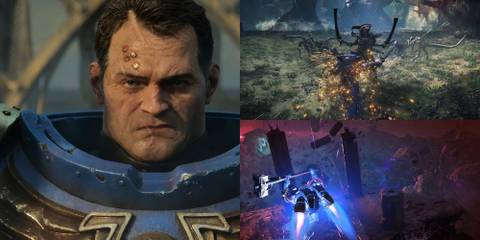 Titus, parrying an attack from a Tyranid, and using a jet pack and Thunder Hammer in Space Marine 2