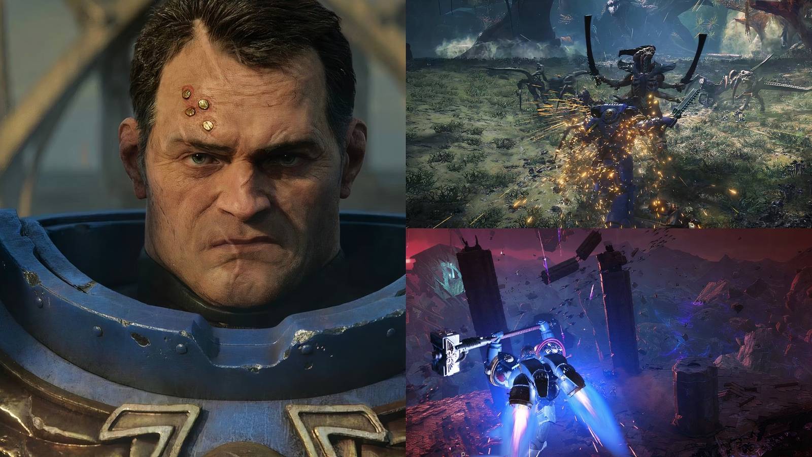 Titus, parrying an attack from a Tyranid, and using a jet pack and Thunder Hammer in Space Marine 2