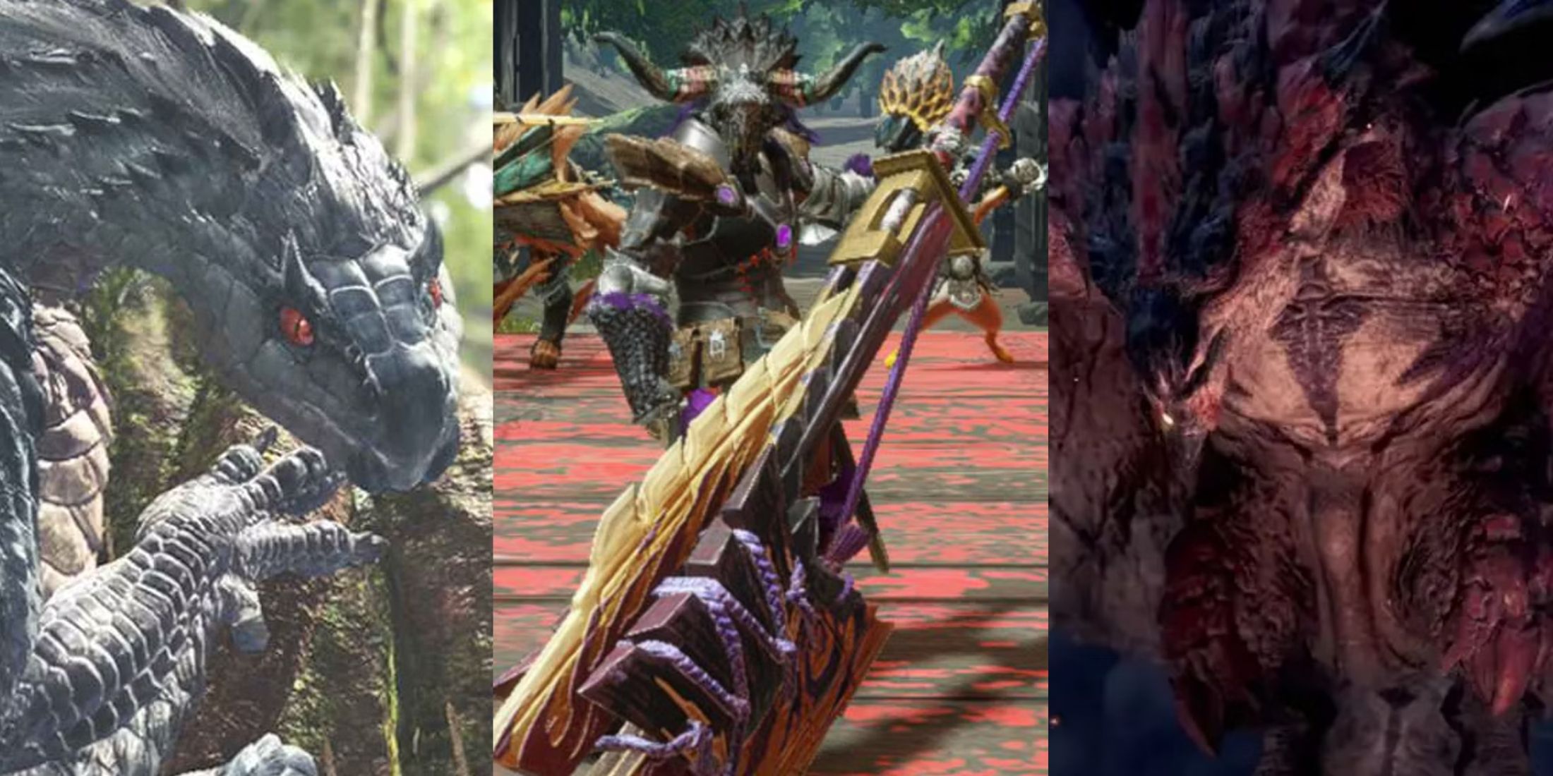 Tobi-Kadachi on a tree; a hunter with a blast weapon; Rathalos flying in mid-air in Monster Hunter World (1)