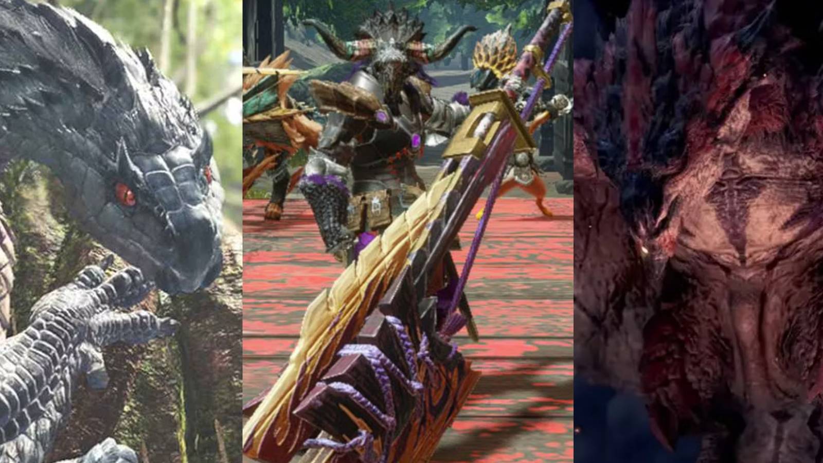 Tobi-Kadachi on a tree; a hunter with a blast weapon; Rathalos flying in mid-air in Monster Hunter World (1)