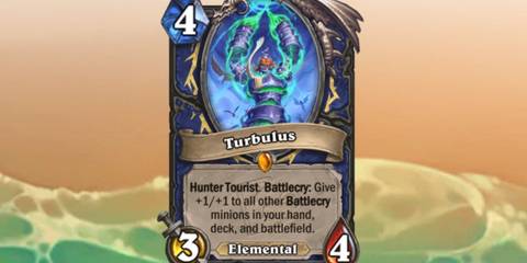 Turbulus card from Hearthstone on a beach themed background