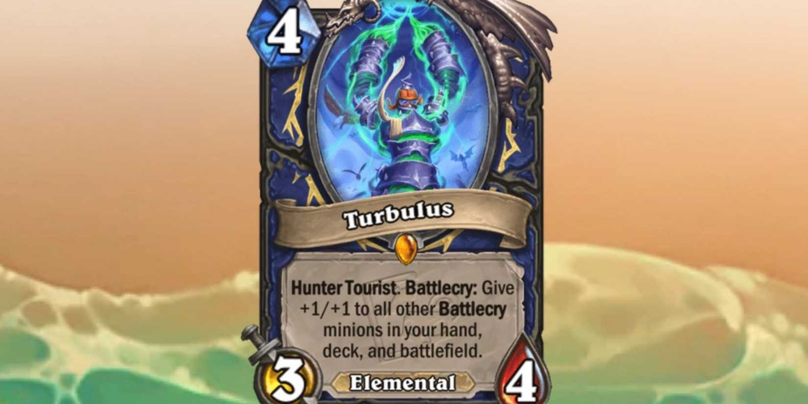Turbulus card from Hearthstone on a beach themed background