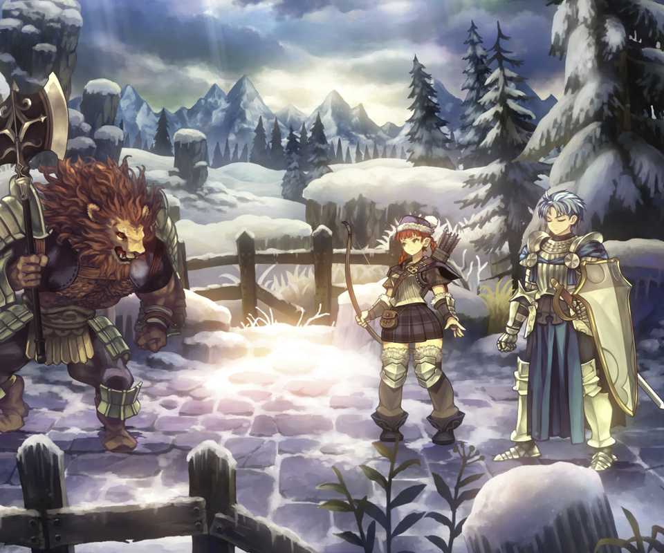 unicorn overlord a beast-like figure stands across from two smaller people in armor.