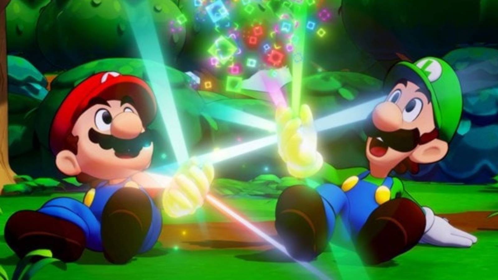 mario and luigi sitting on the grass looking at the sky with light beams coming from their hands