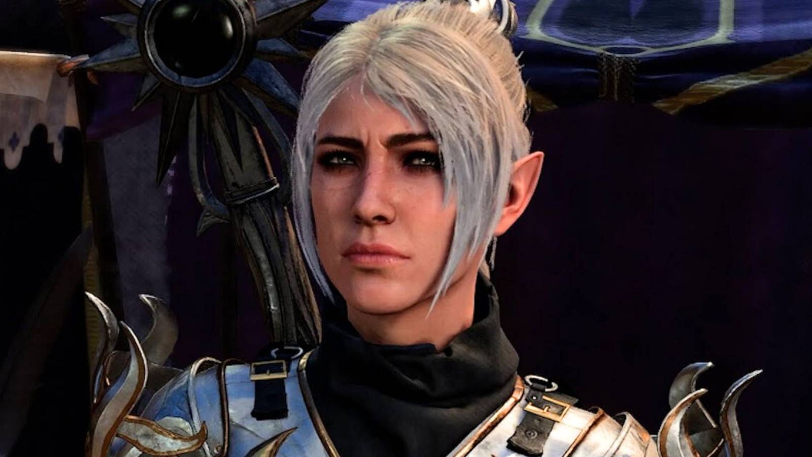 shadowheart with white hair and luminous armor in baldur's gate 3 