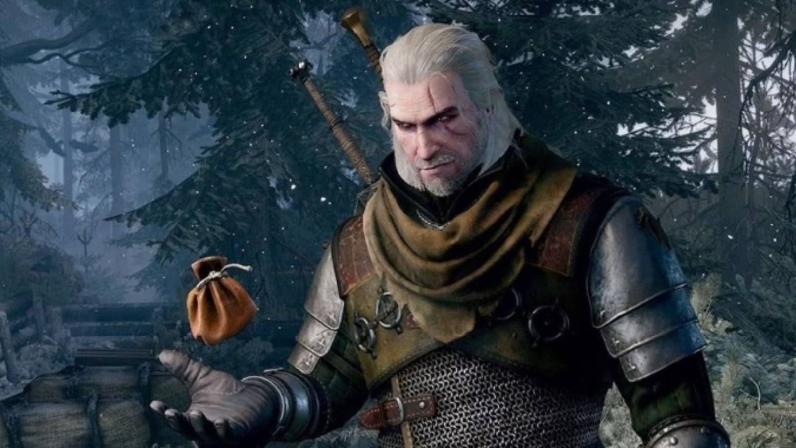 The Witcher 3's Geralt holding bag of coins