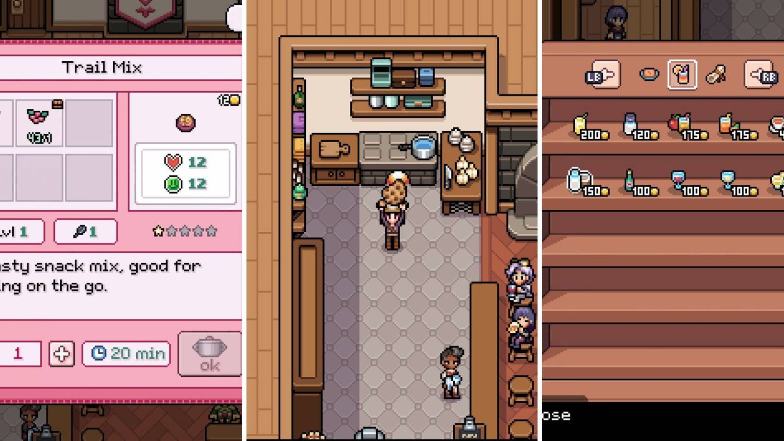 A grid showing a cooking recipe, a player in the kitchen of the inn, and a store selling drinks in Fields of Mistria