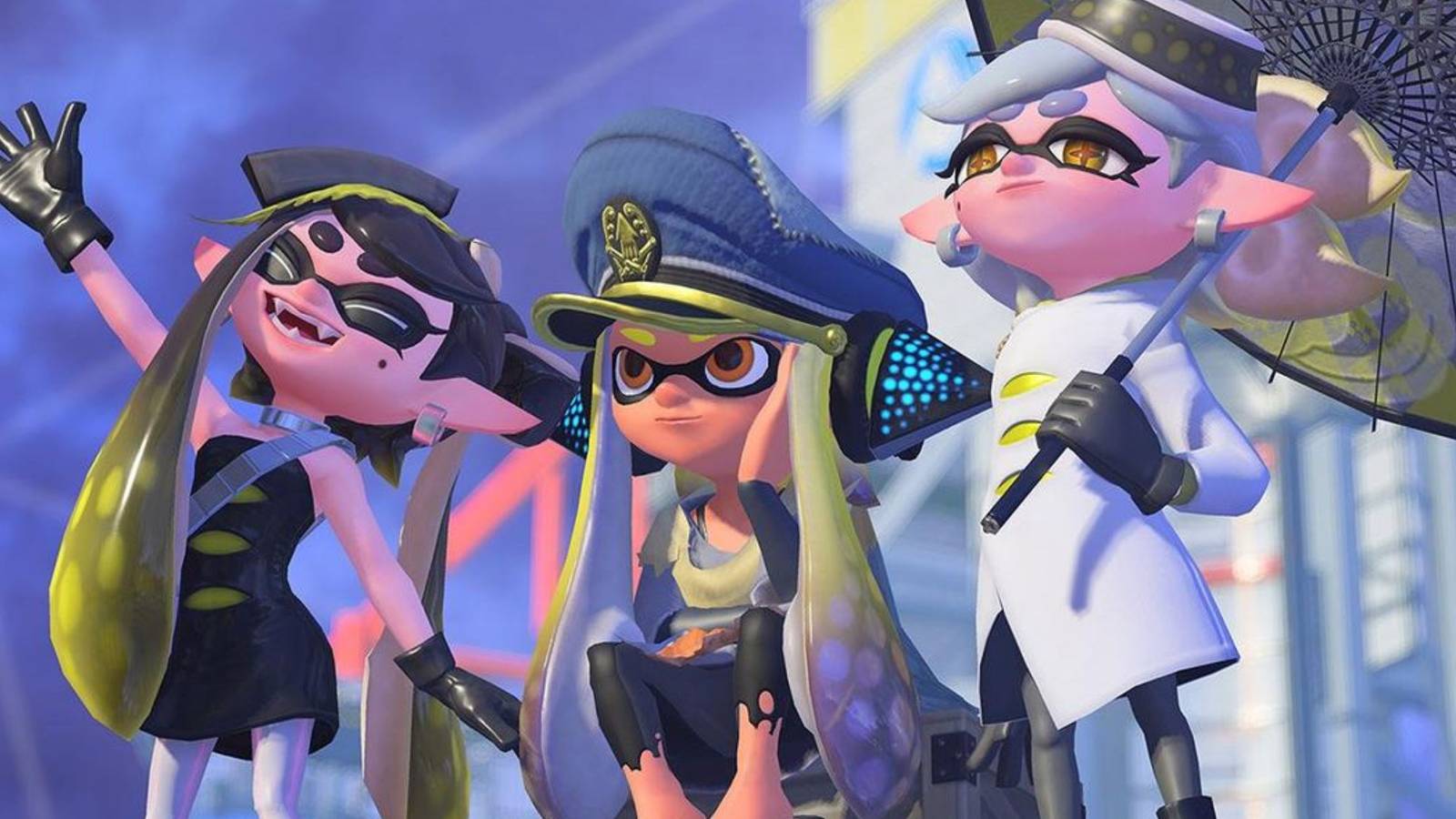 Screenshot from Splatoon 3 featuring a fond farewell from Marie, Callie, and Agent 3