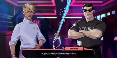 A bouncer telling someone to step outside in Boyfriend Dungeon