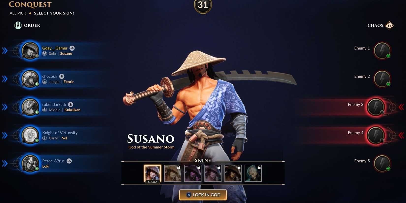 The character selector in Smite 2, with Susano featured