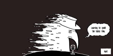 A bird-like ghost figure saying learning to spook em takes time in Speed Dating for Ghosts