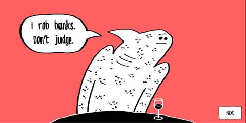 a shark-like ghost saying they rob banks in Speed Dating for Ghosts