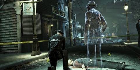 A ghost looking at a dead body in Murdered: Soul Suspect
