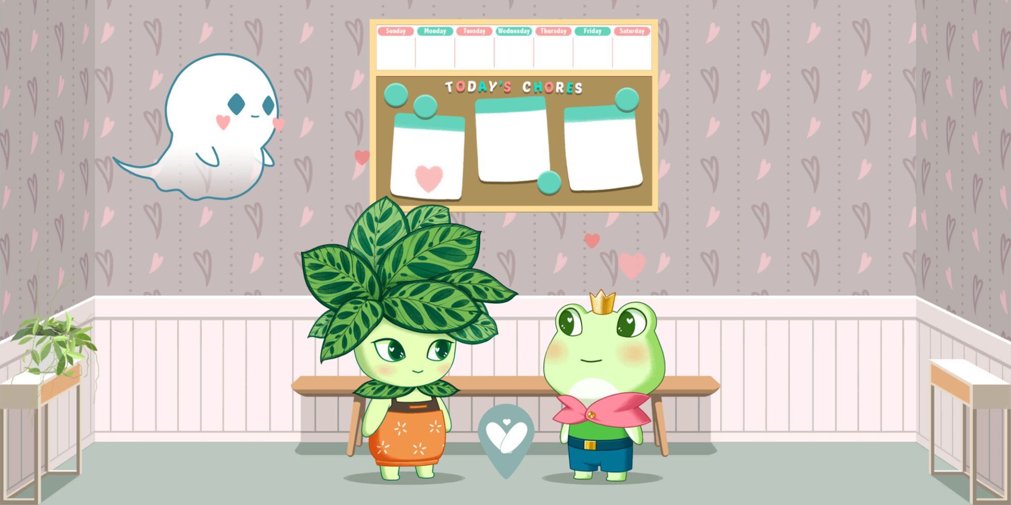 A plant person and a frog person looking at each other in Love, Ghostie