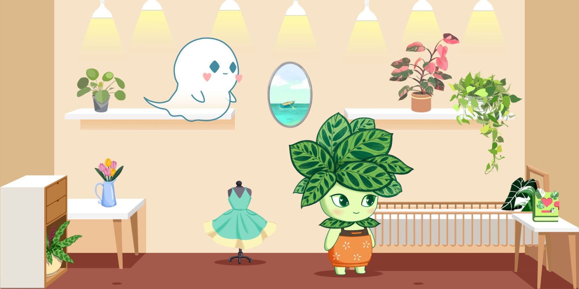The Ghost looking at the plant person in Love, Ghostie