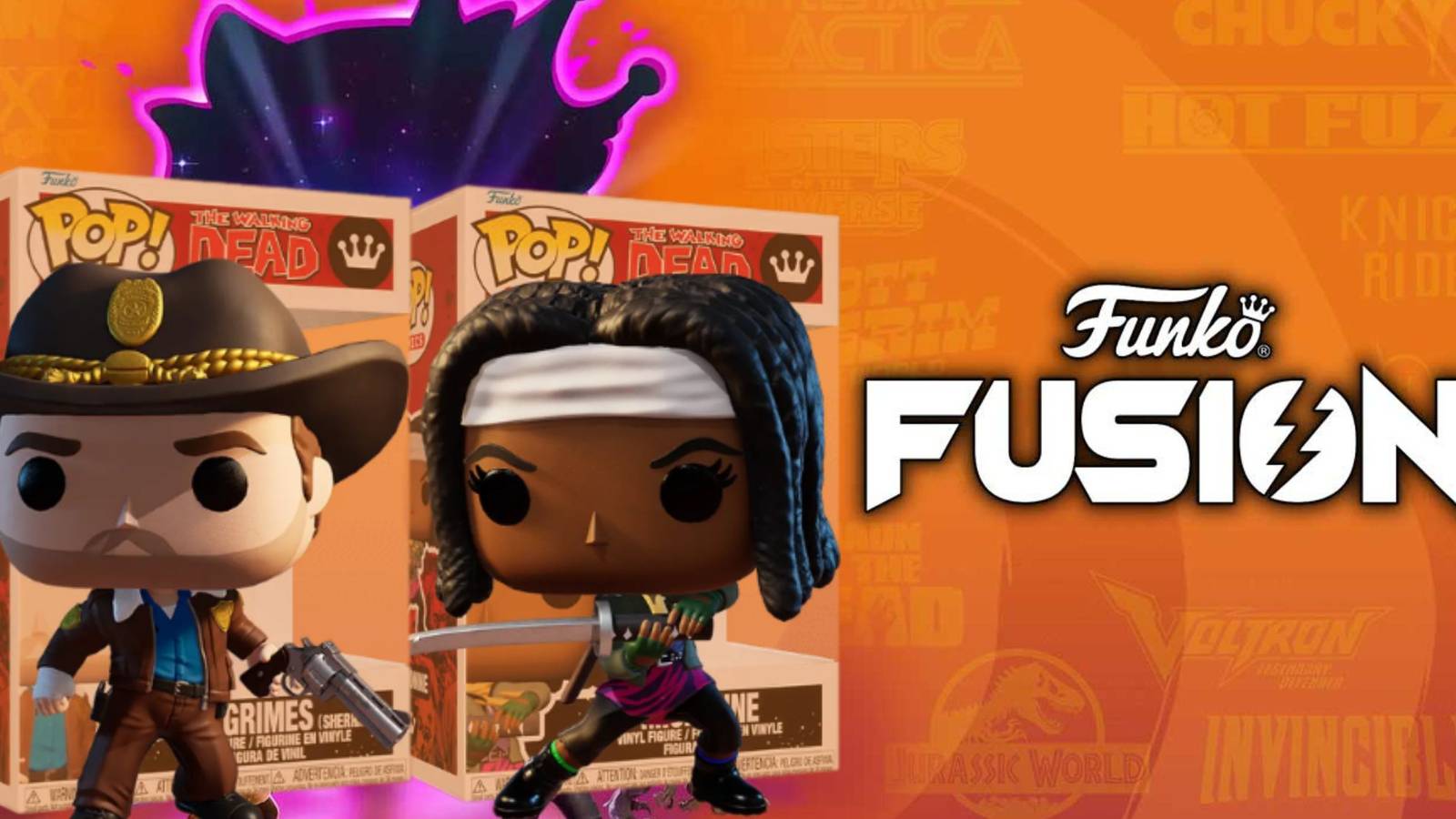 The Funko Fusion logo with it's two pre-order bonus characters Rick Grimes and Michonne
