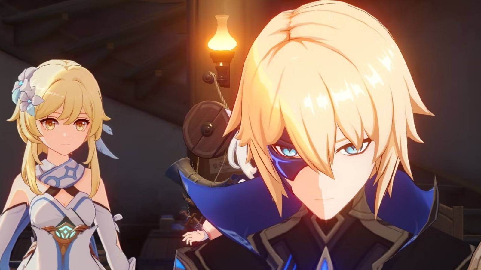 Genshin Impact screenshot of Lumine, Paimon, and Dainsleif in a cutscene, highlighting the potentia of a new main character