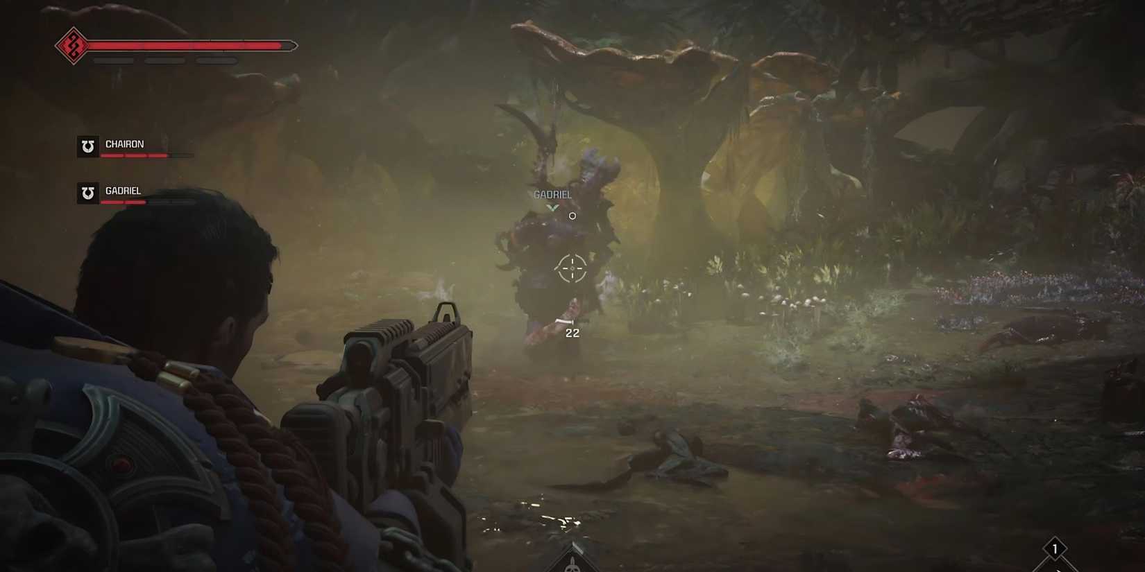 Titus aiming his gun at a Ravener that has grabbed Gadriel in Space Marine 2