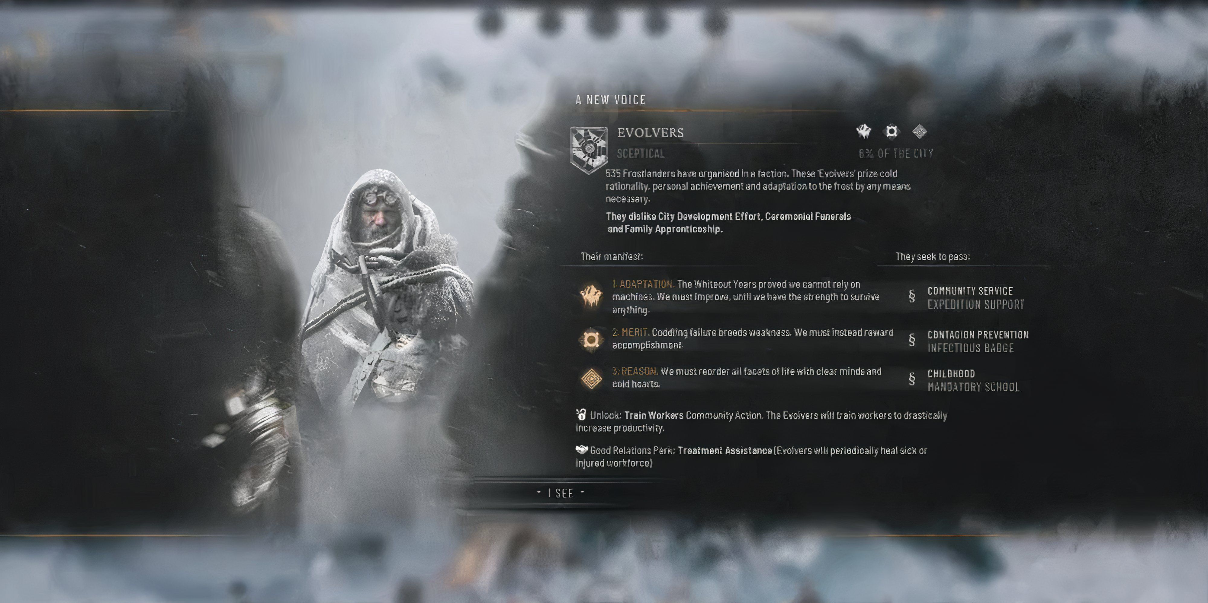 a view of the evolvers beliefs in Frostpunk 2