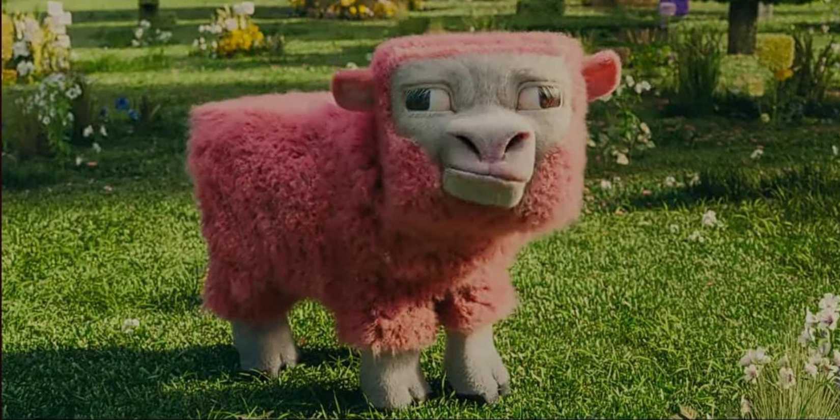 A pink sheep from A Minecraft Movie