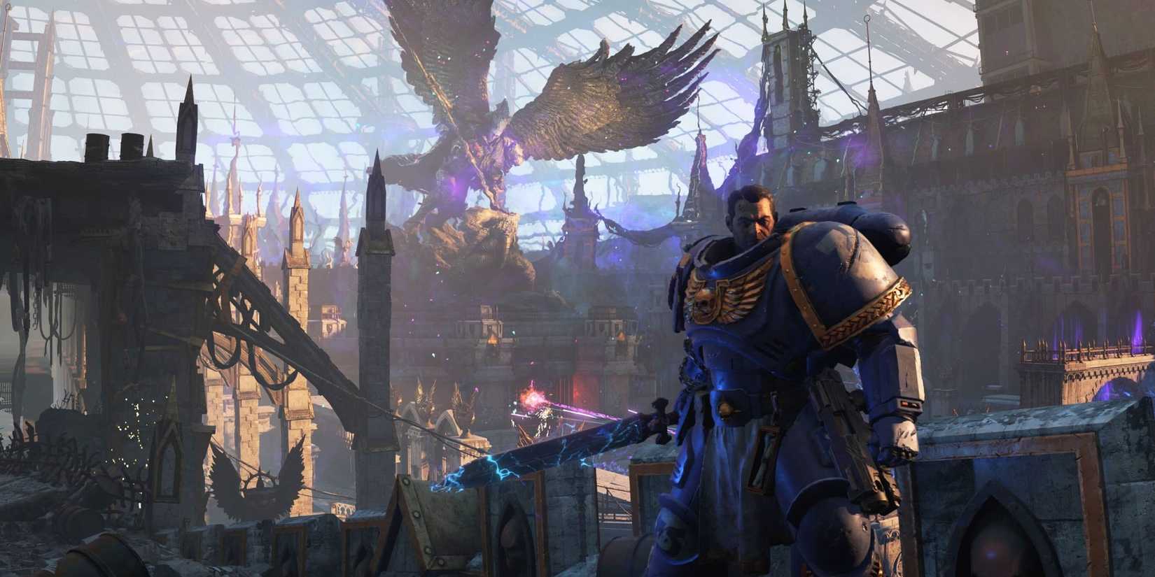 Titus standing in front of a distant chaos ritual in Space Marine 2