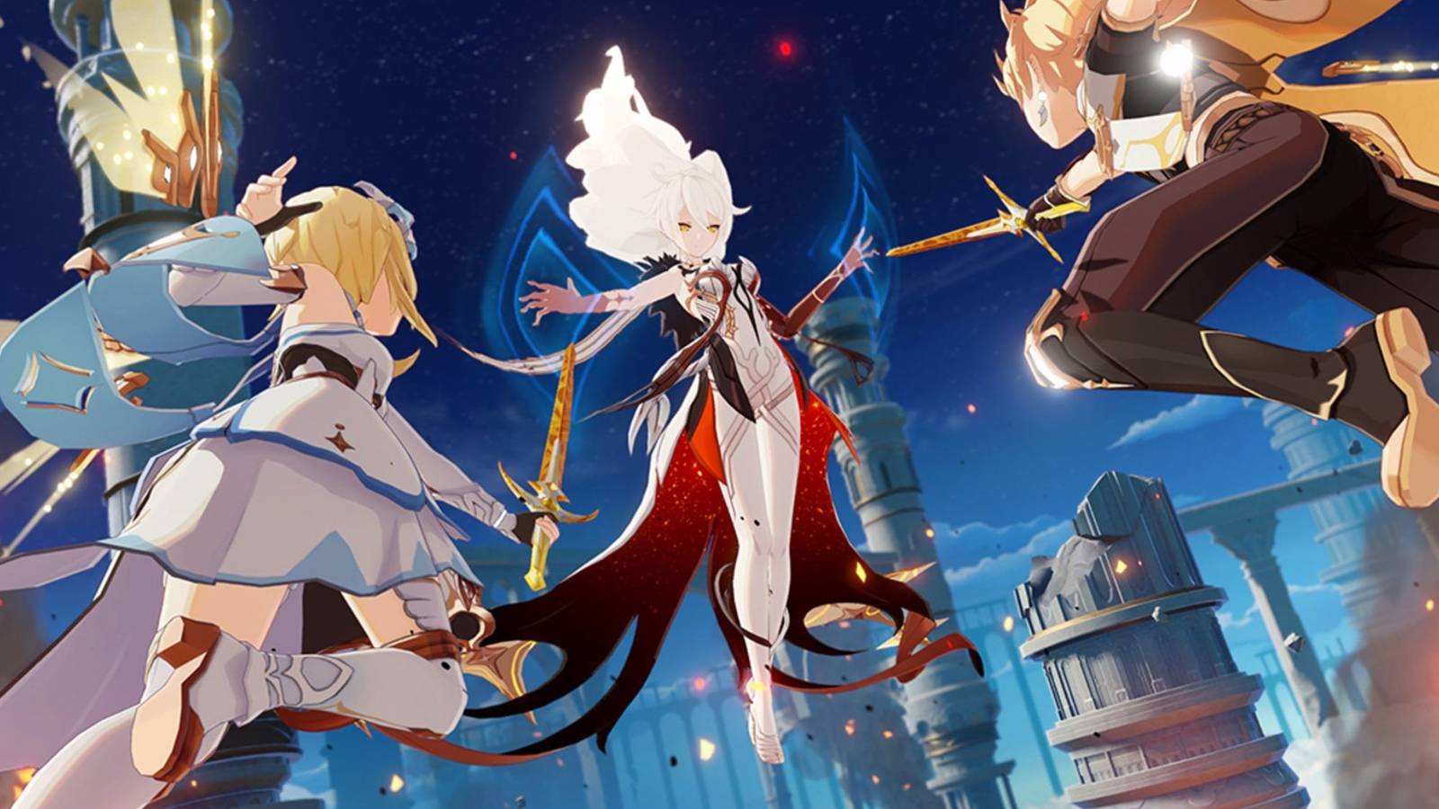 Opening cutscene of Genshin Impact featuring the twins Lumine and Aether battling the eventual main villain of the final story