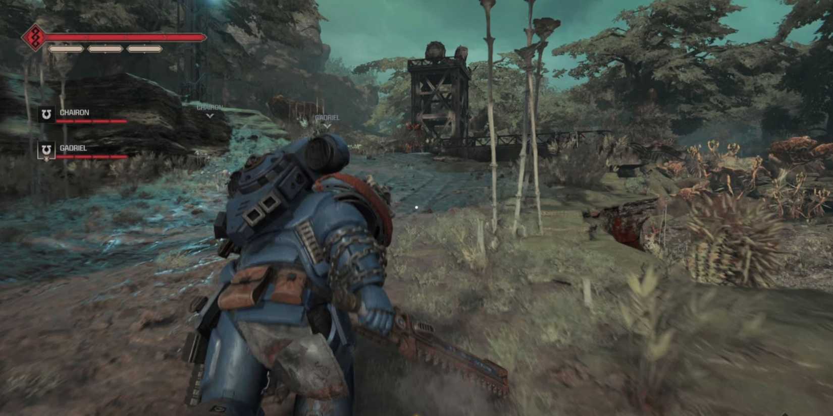 Titus charging towards Tyranids in Space Marine 2