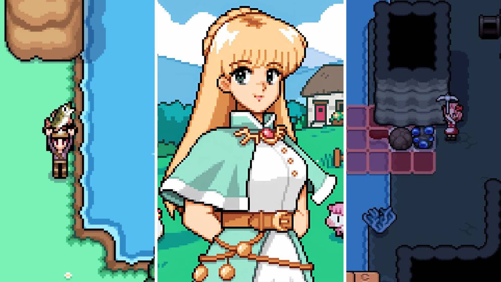 A grid showing a player holding a fish, mining and the character Celine in Fields of Mistria