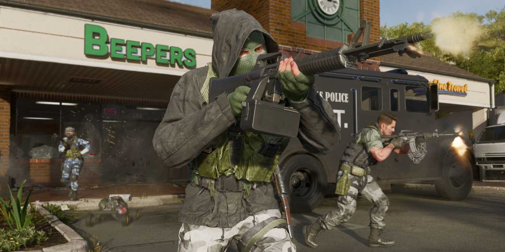 Call of Duty Black Ops 6 operator holding assault rifle and engaged in a tense urban firefight