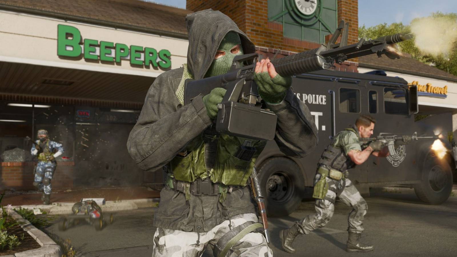 Call of Duty Black Ops 6 operator holding assault rifle and engaged in a tense urban firefight