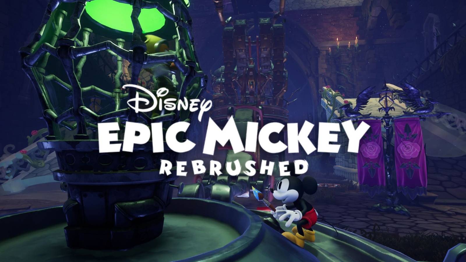 Mickey and a caged gremlin behind the logo for Disney Epic Mickey: Rebrushed