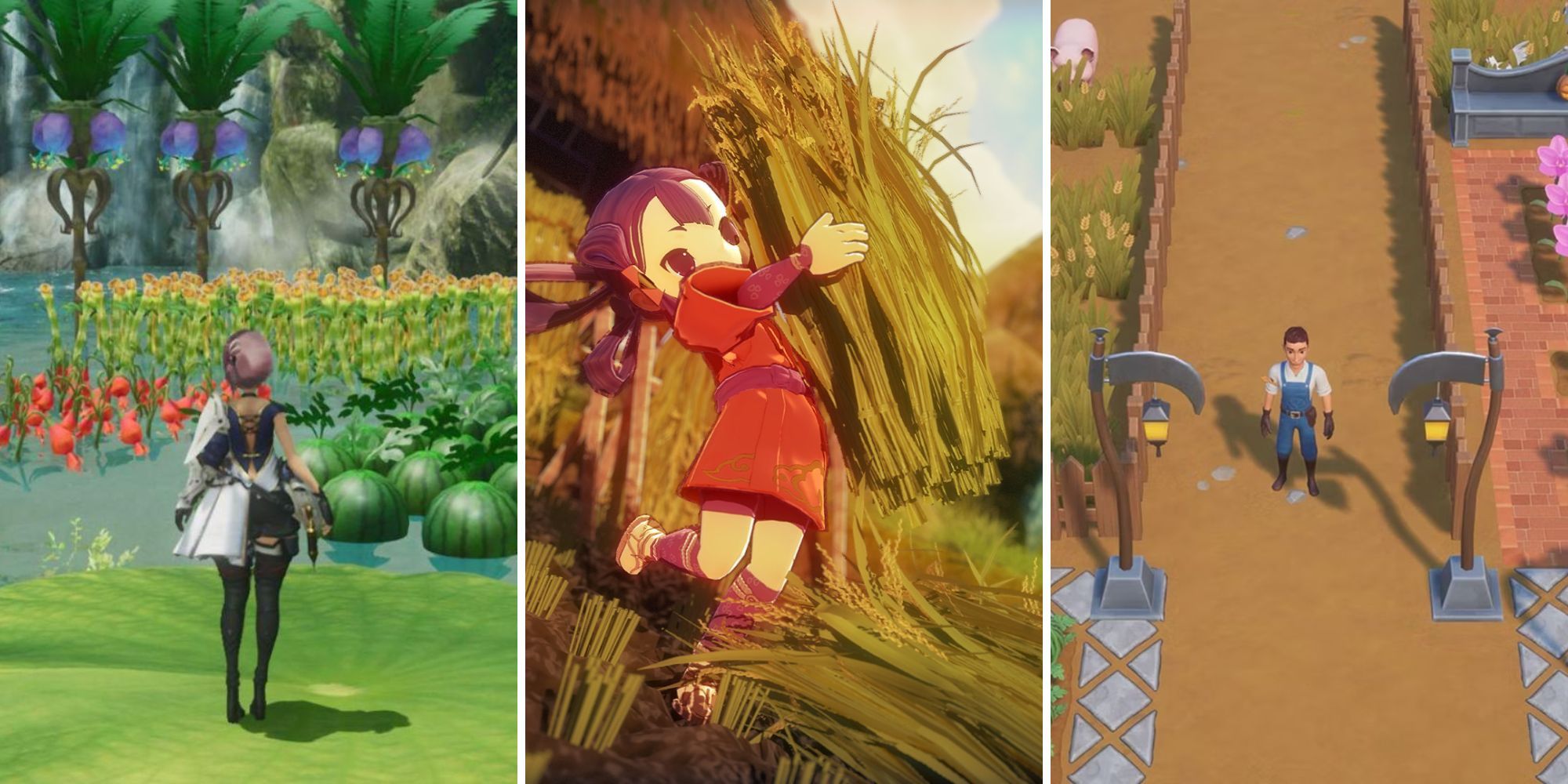 A grid showing the farming simulators Harvestella, Sakuna: Of Rice and Ruin, and Coral Island