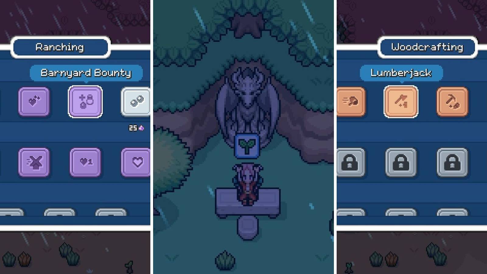 A grid showing a player in front of the skill statue and the skill trees for ranching and woodcrafting in Fields of Mistria