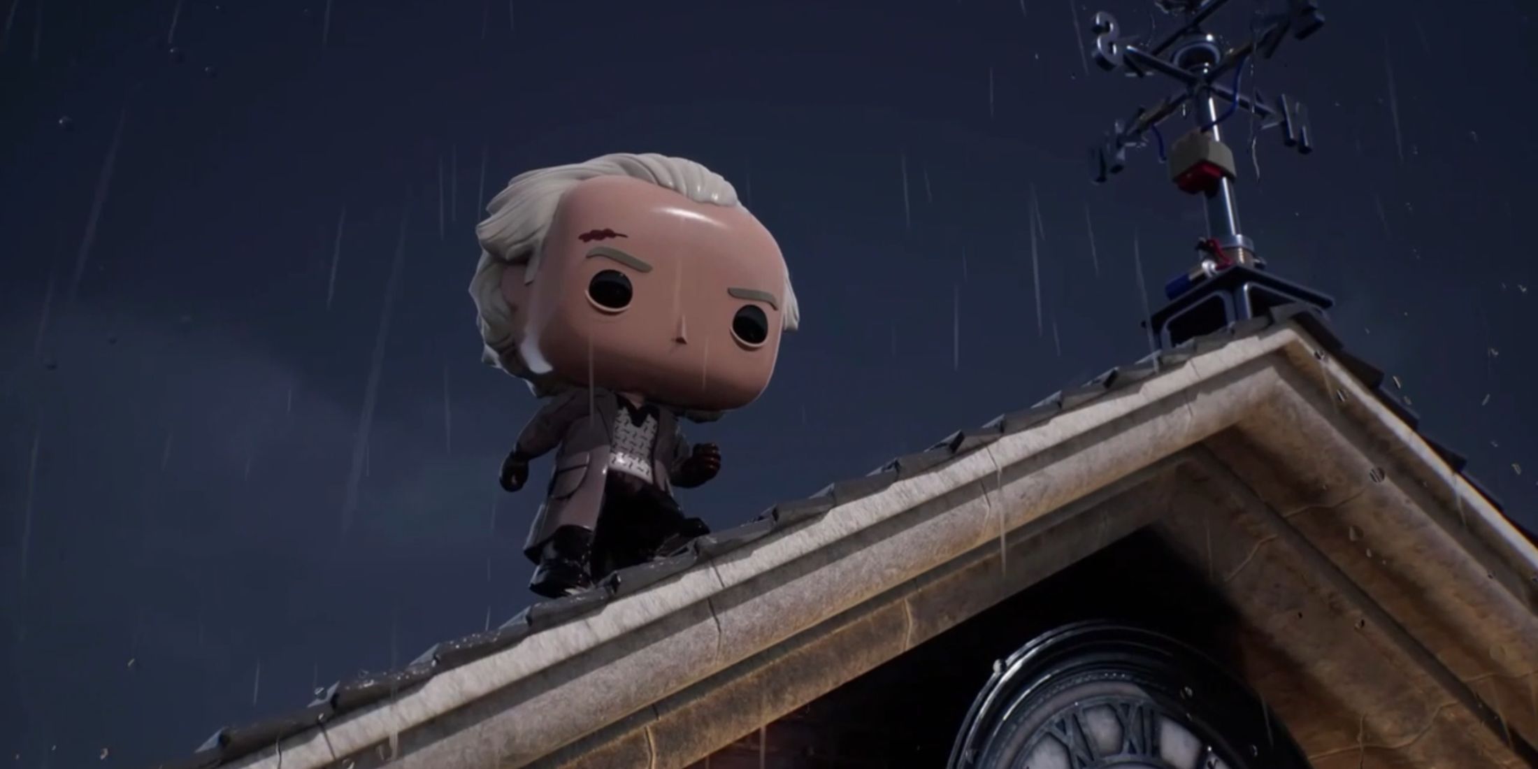 Doc from Back to the Future standing on a roof in the rain in Funko Fusion