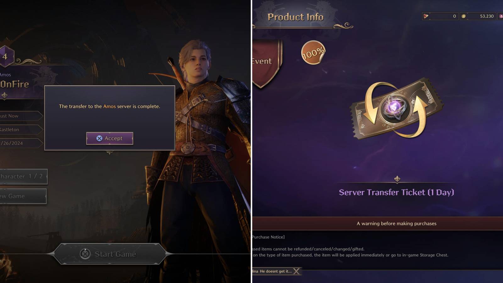 The Player Transfering To A New Server And The Server Transfer Ticket
