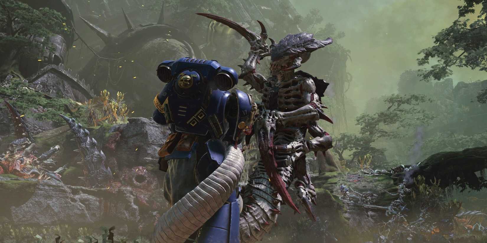 A Ravener wrapping up Titus in battle in Space Marine 2