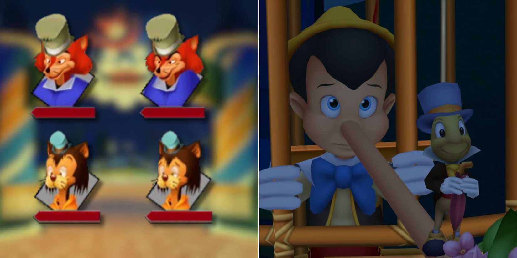 Unused portraits of Honest John and Gideon from Days and Pinnochio and Jiminy Cricket in KHDDD.