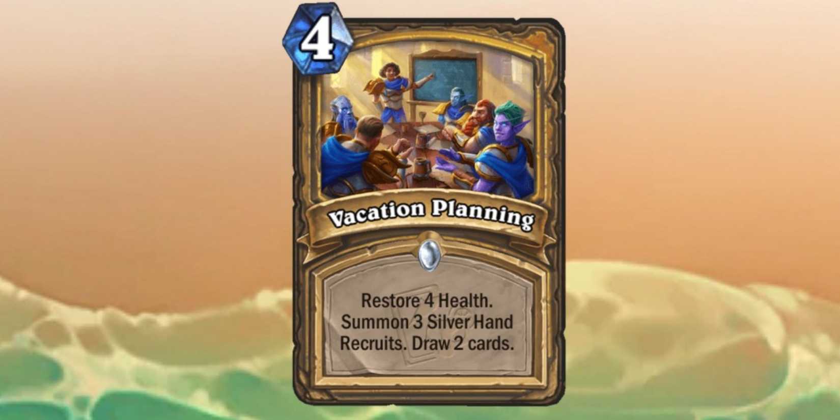 Vacation Planning card from Hearthstone on a beach themed background 