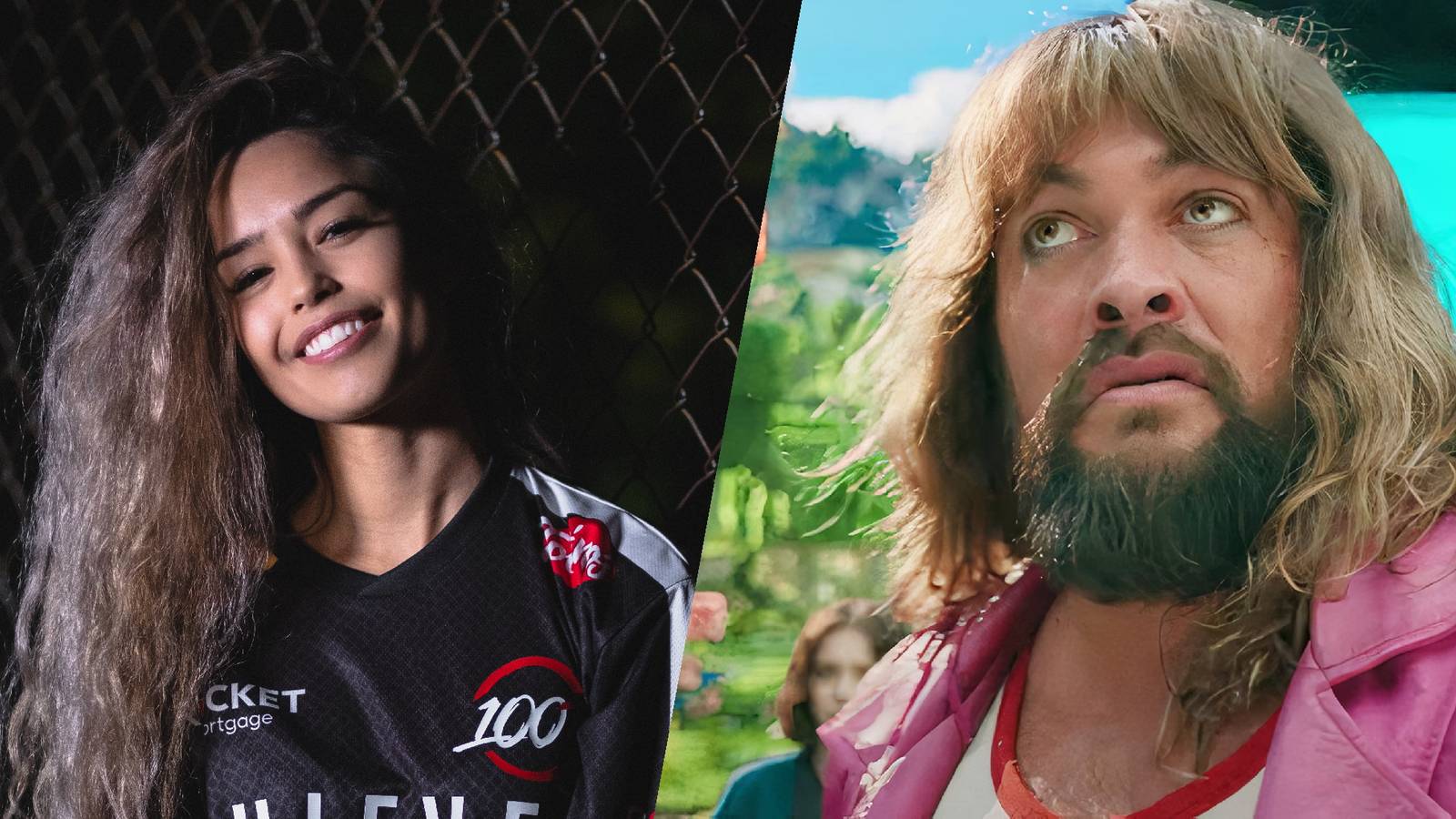 Side-by-side photos of Valkyrae and Jason Momoa as Garrett 