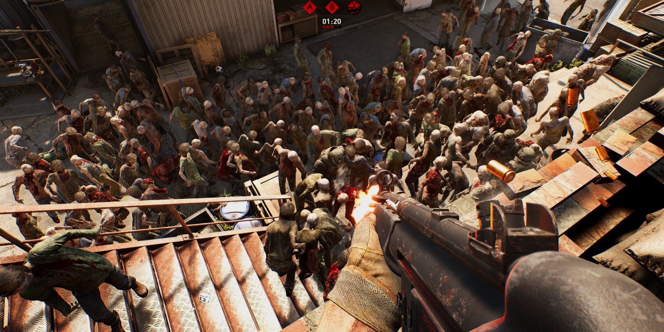 Player opens fire on a horde of walkers in Overkill's The Walking Dead