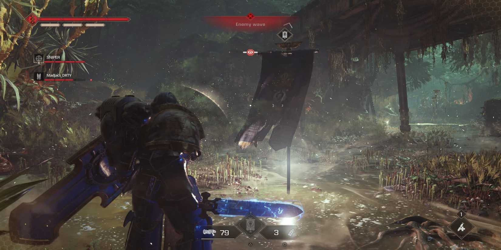 The Player Standing Near A Chapter Banner With A Power Sword 