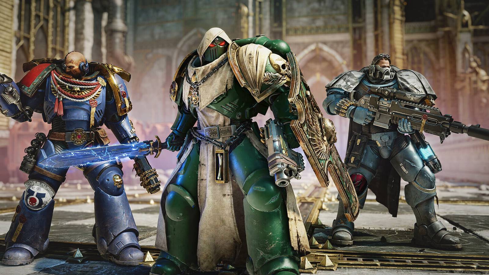 Warhammer 40k Space Marine 2 promo screenshot featuring 3 heavily armored characters