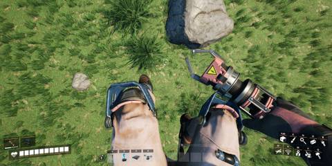 The player jumping down with Blade Runners equipped