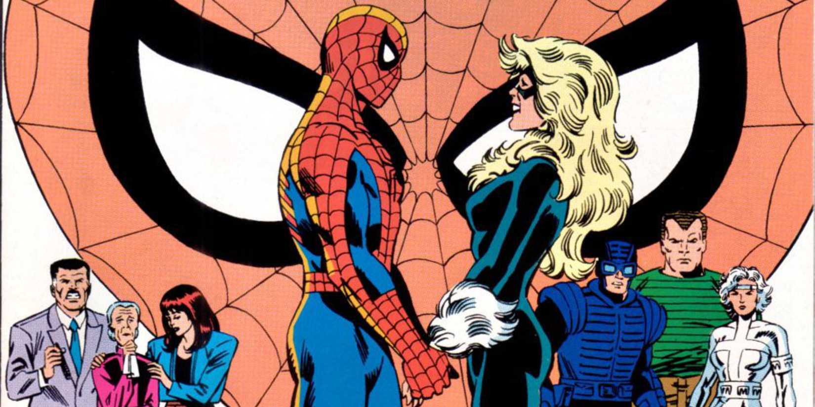 Spider-Man marrying Black Cat in front of friends and enemies