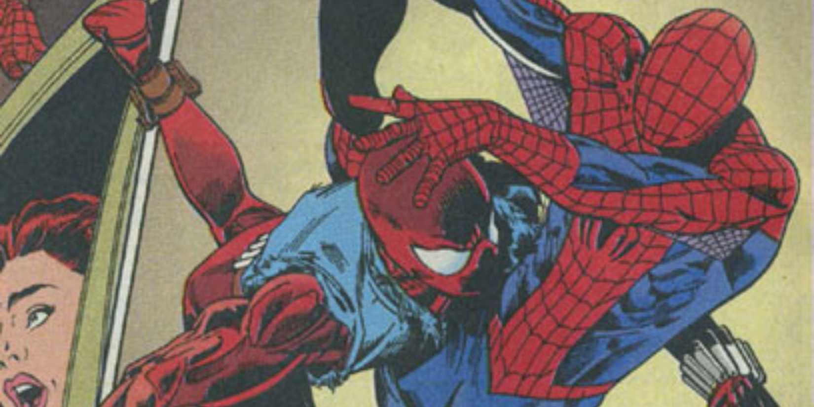 Scarlet Spider tackling Spider-Man