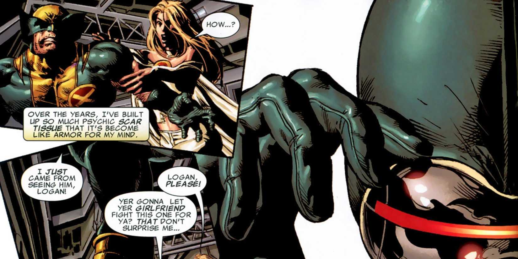 Wolverine resisting Emma Frost's mind control