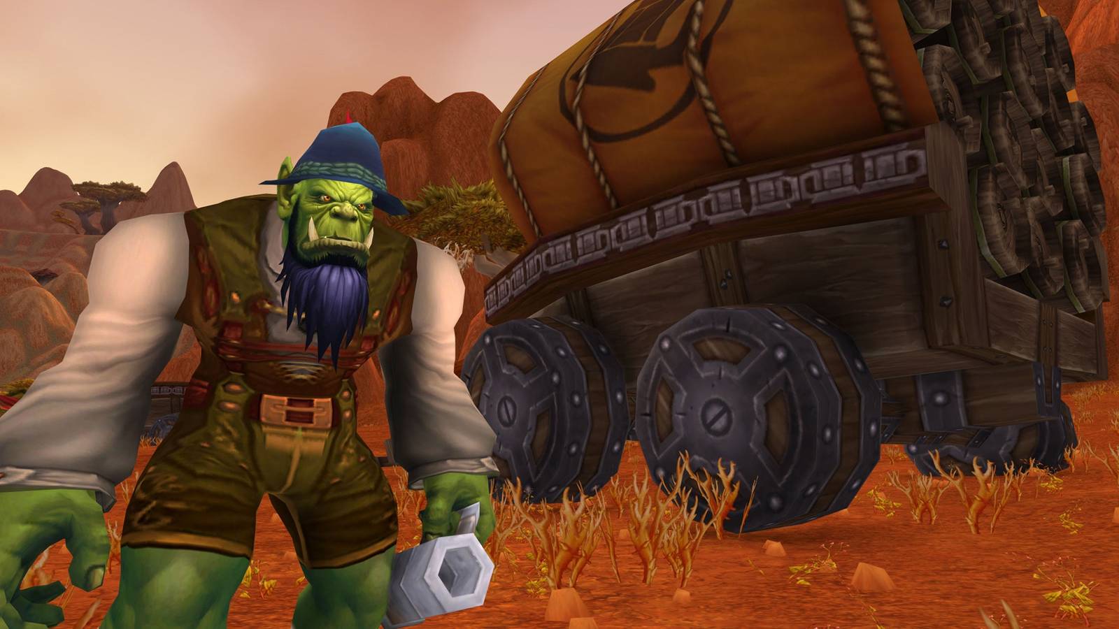 an orc outside orgrimmar in durotar with brewfest stuff in wow